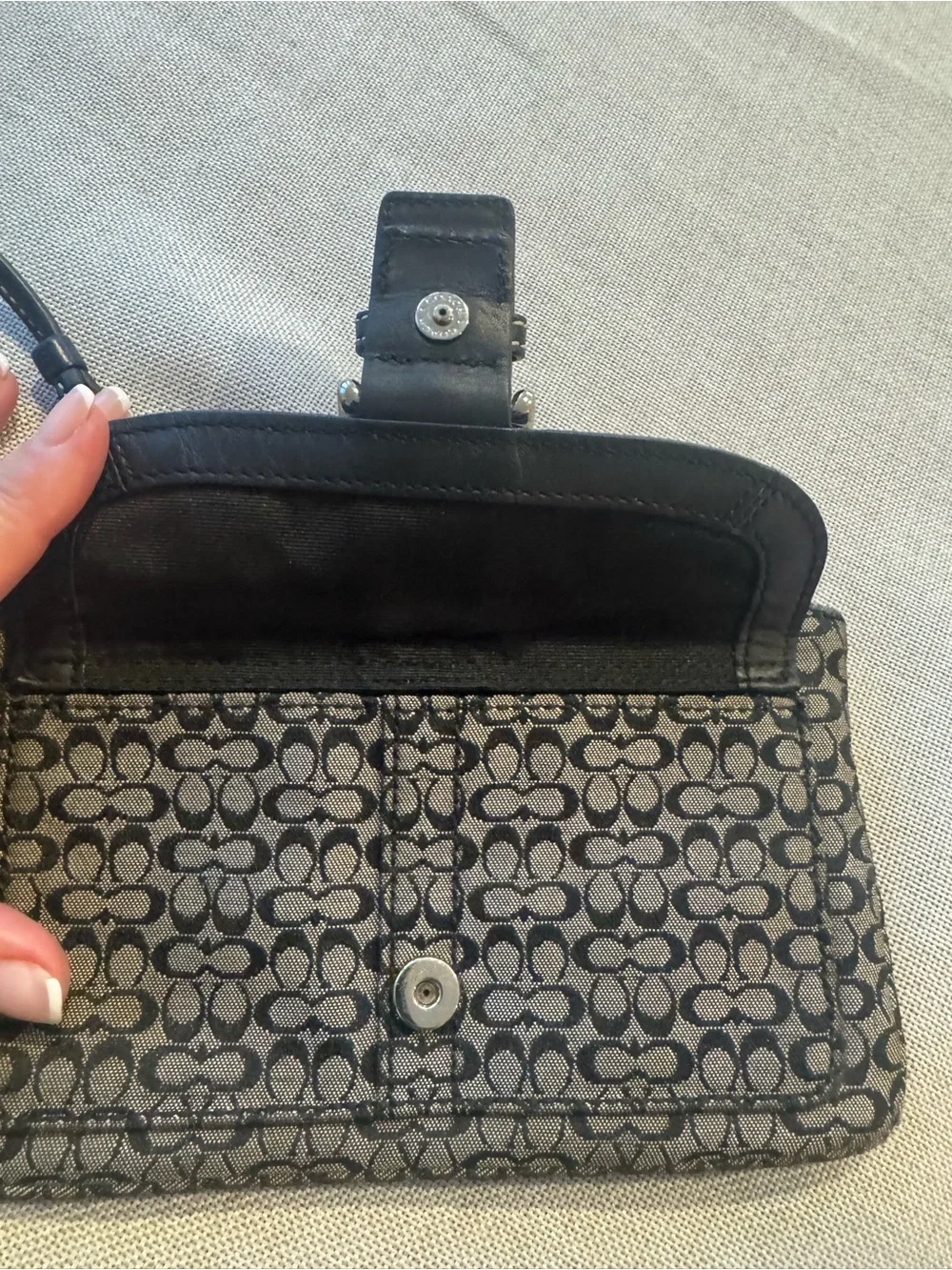 Coach Large Gray/Black Signature Canvas Wristlet with Buckle Detail